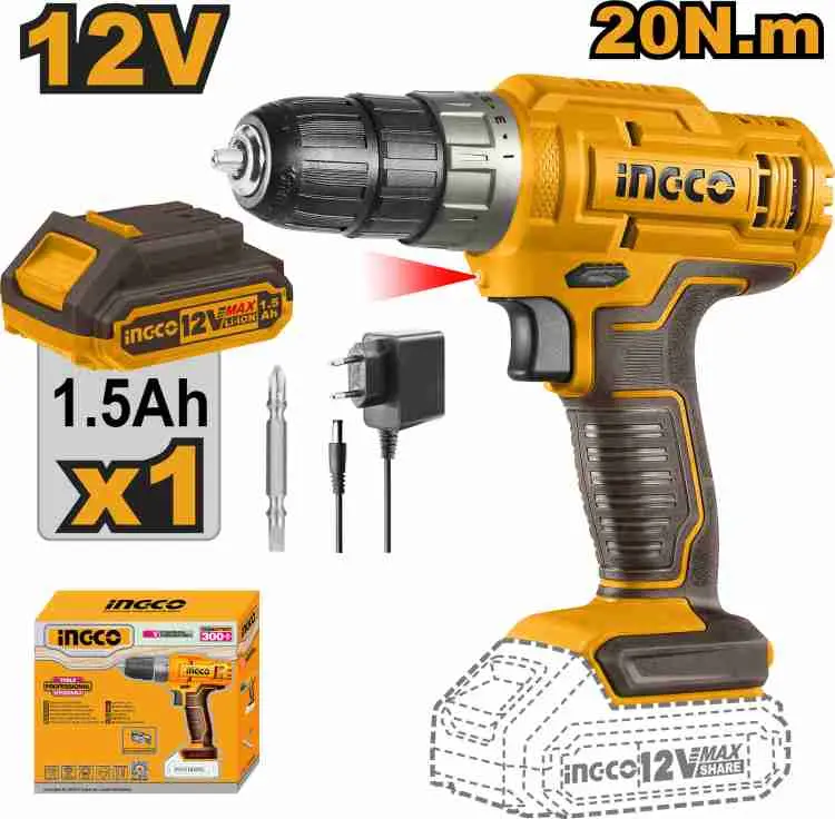 Ingco Cdli1218 12V Lithium-Ion Cordless Drill 20Nm Torque (With Battery & Charger) 1