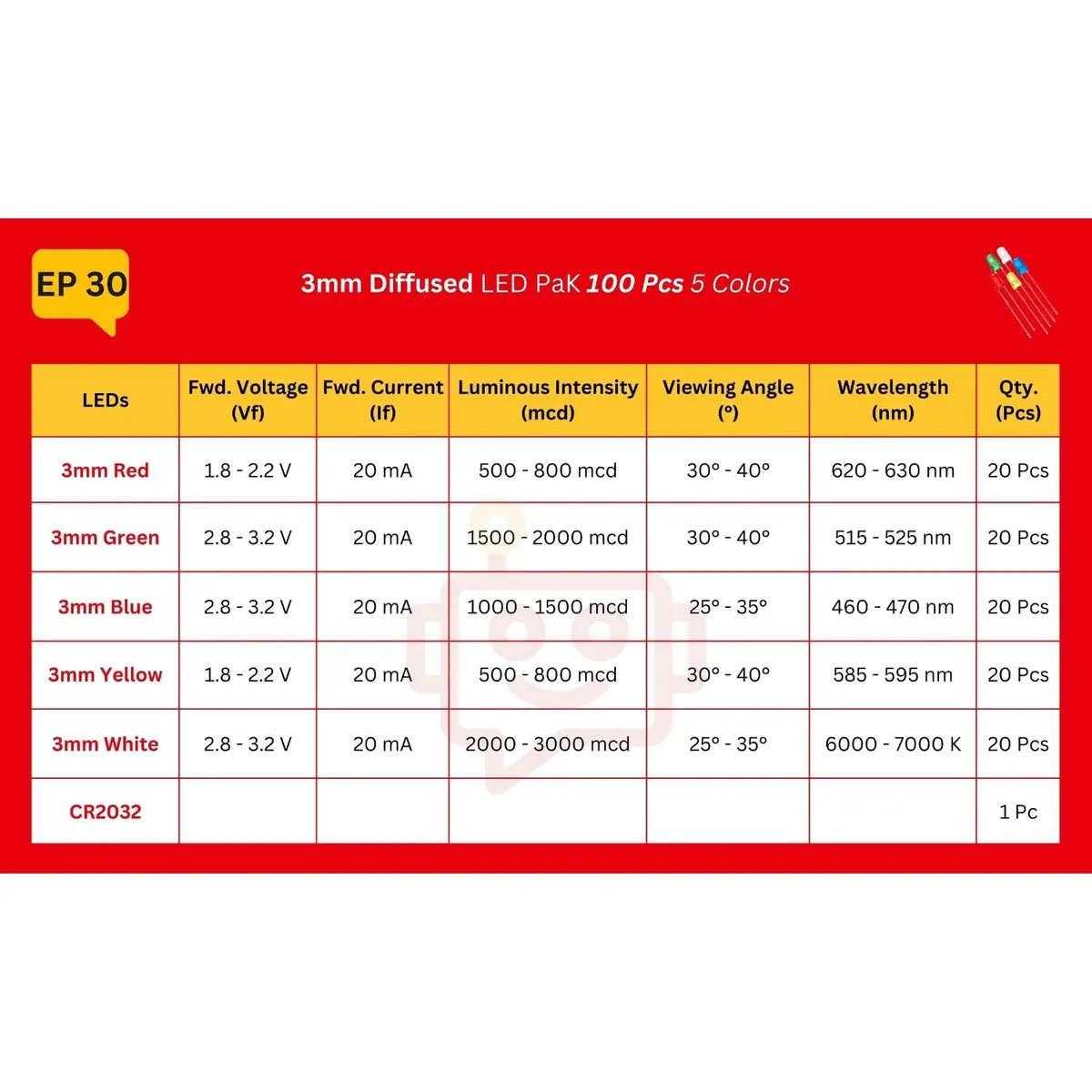 Elepak 3Mm Diffused Led Pak 100 Pcs 5 Colors 2