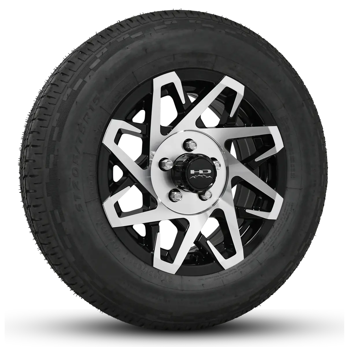 14 Inch | 5 On 4-1/2 | Canyon Aluminum Trailer Wheel W/ Radial Tire Assembly | Gloss Black With Machined Face ( 1Pc ) 1