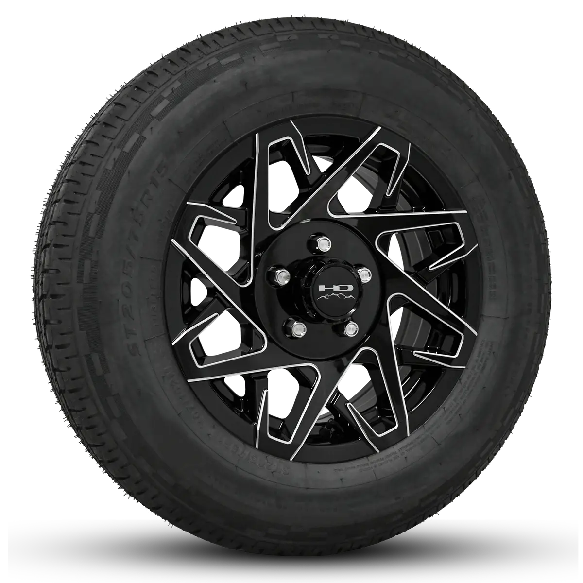 14 Inch | 5 On 4-1/2 | Canyon Aluminum Trailer Wheel W/ Radial Tire Assembly | Gloss Black With Milled Edges ( 1Pc ) 1