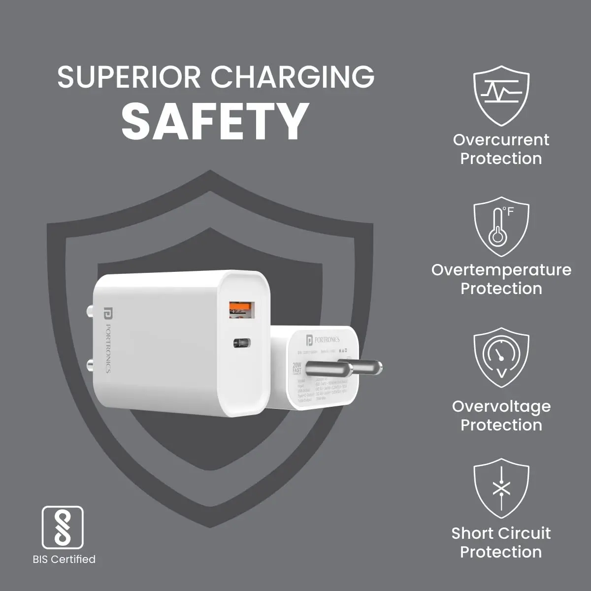 Portronics Por-1446 Adapto 45 Bis Certified Wide Compatibility 20 Watt Fast Charger Fast Charger (White) 2