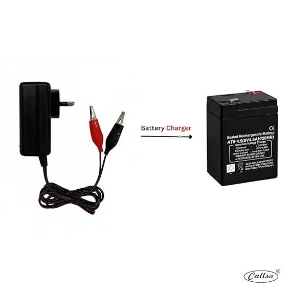 Callsa 6 V 1 Amp Fast Battery Charger With Double Indicator (Ac Input 220V 50Hz Dc Output 6 Volt 1 Amp) Smps Battery Charger With Battery Clip Red And Black 2