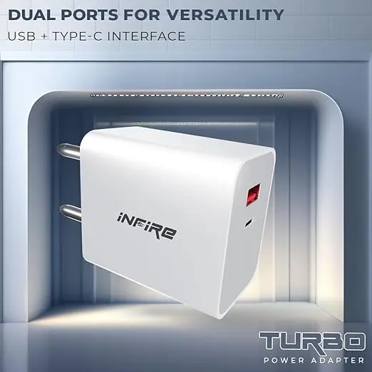 Infire Turbo 2 In 1 Charger 20W Dual Port Usb & Type - C Charger Without Cable Compatible With All Android, Iphone & Airpods (White) 2