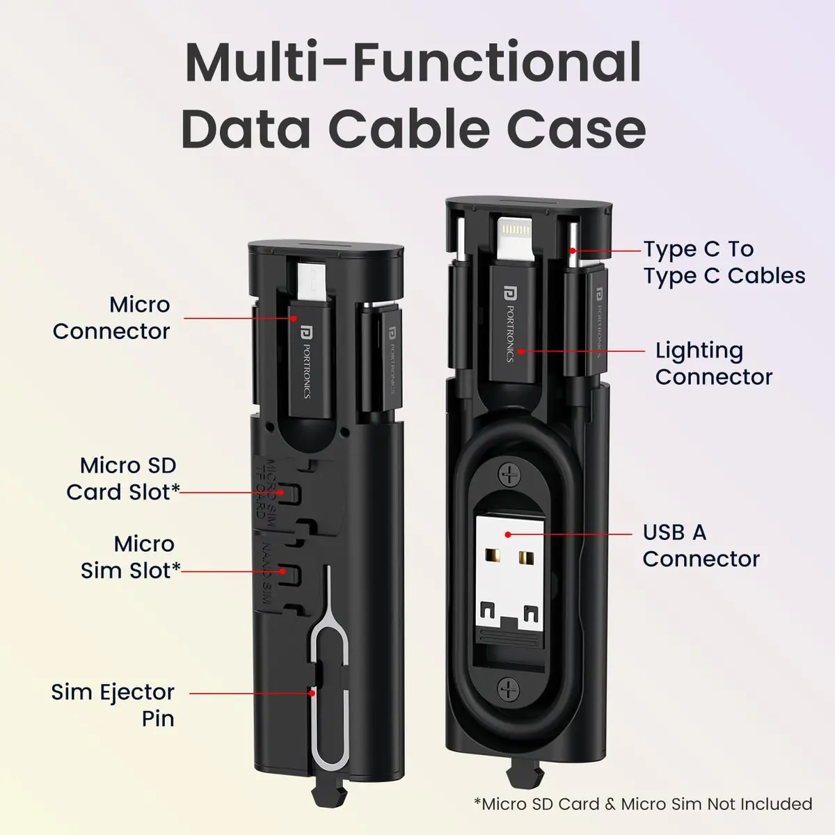 Portronics Por 3092 Snapcase 4 60W Multifunctional Fast Charging Data Cable Transparent Kit, Conversion Set Usb A & Type C To Male Micro/Type C/Lightning, Data Transfer, Sim Storage, Sim Eject Pin,Pocket Size 2
