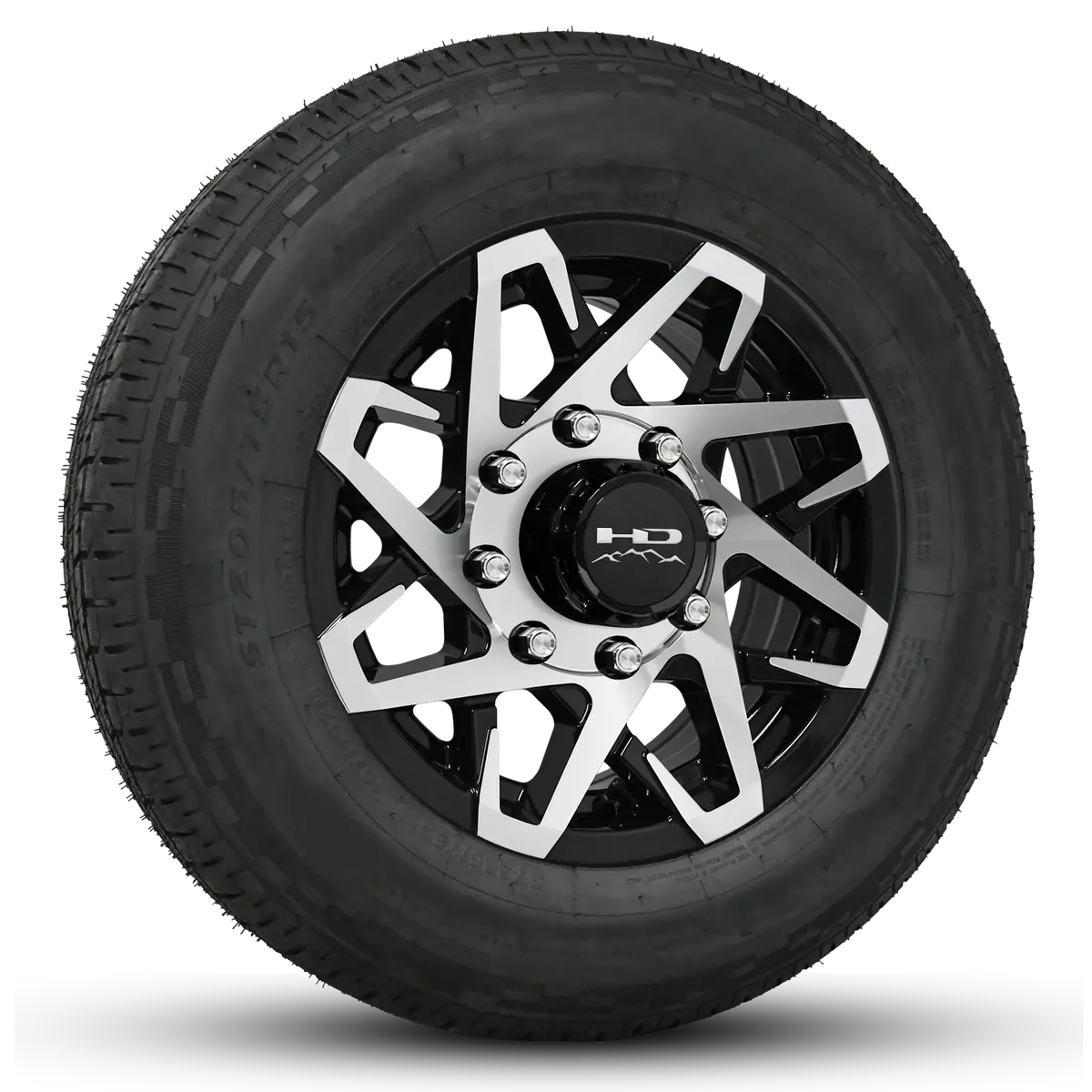 16 Inch | 8 On 6-1/2 | Canyon Aluminum Trailer Wheel W/ Radial Tire Assembly | Gloss Black With Machined Face ( 1Pc ) 1