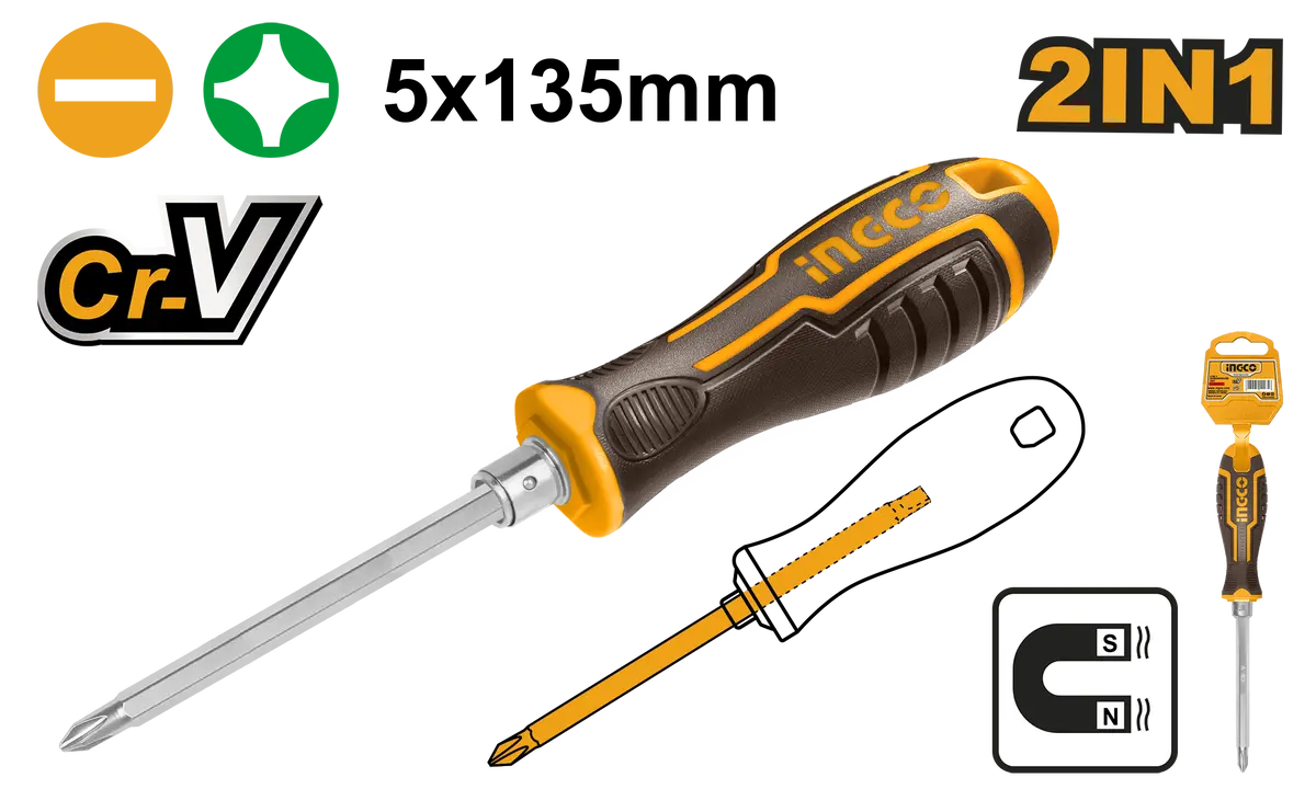 Ingco Akisd0203 2 In 1 Screwdriver Set 5 X 135 Mm Black 1