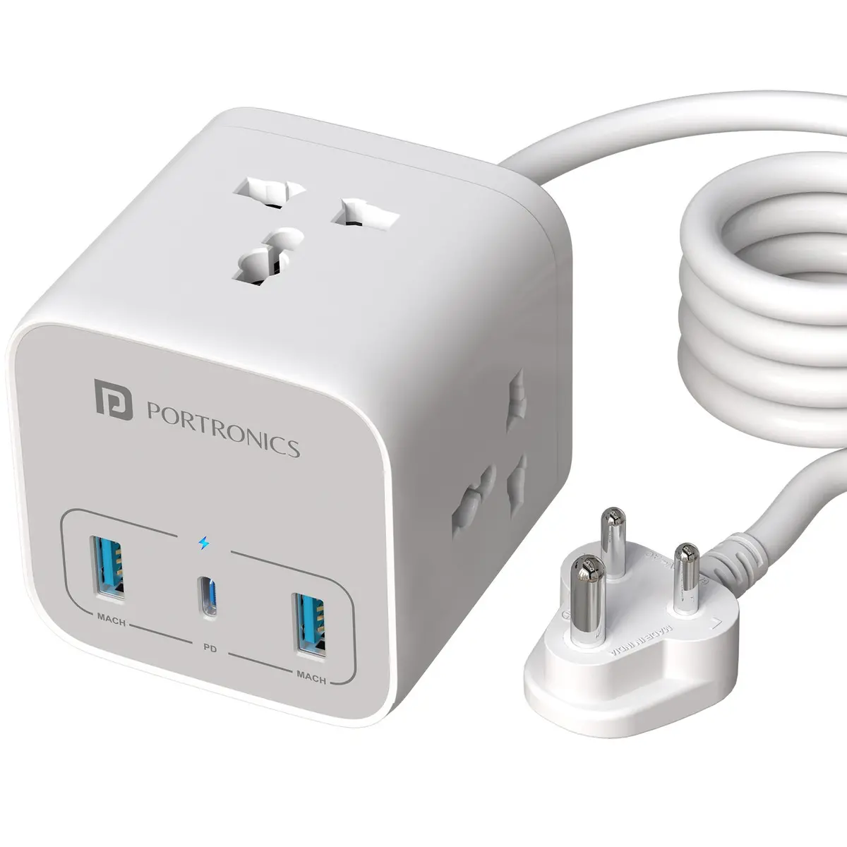Portronics Por 2846 20W Volt 20 High Speed Smart Desktop Charger With 3M Copper Cable, Type C Pd Port, 2 Usb Mach Port, 3 Ac Power Socket, Compatible With Laptop,Smartphones,Iphones,Tablet,Power Bank(White) 1