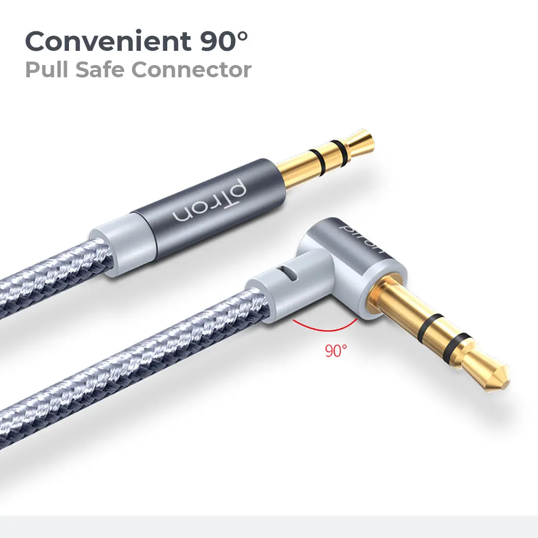 Ptron Solero A15 3.5Mm Male To Male Aux Cable, 90 Degree Connector, 1.5 M Stereo Audio Cable, Metal Shell, Gold-Plated Connectors With Strong Nylon Braided Cable (Grey) 2