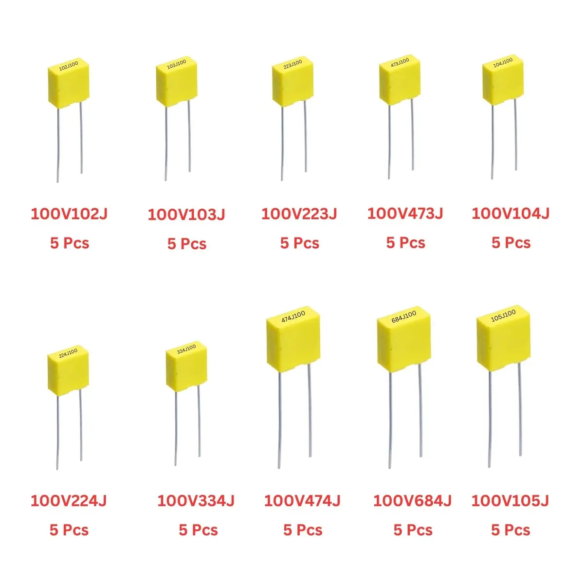 Elepak 5Mm Box Capacitor 100V Pak 1Kpf To 1Μf 50 Pcs 10 Values 1