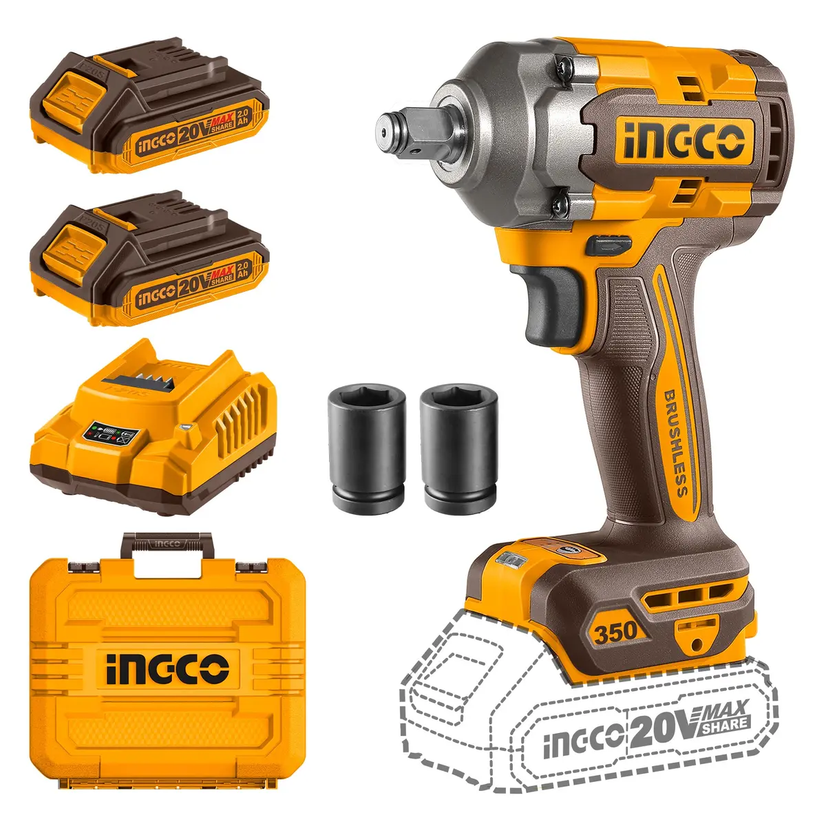 Ingco Ciwli2035 20V Cordless Brushless Impact Wrench | 1/2" Square Drive, 350Nm Torque, Led Work Light | With 2 Batteries & Charger, Carrying Case, 19/21Mm Sockets 1