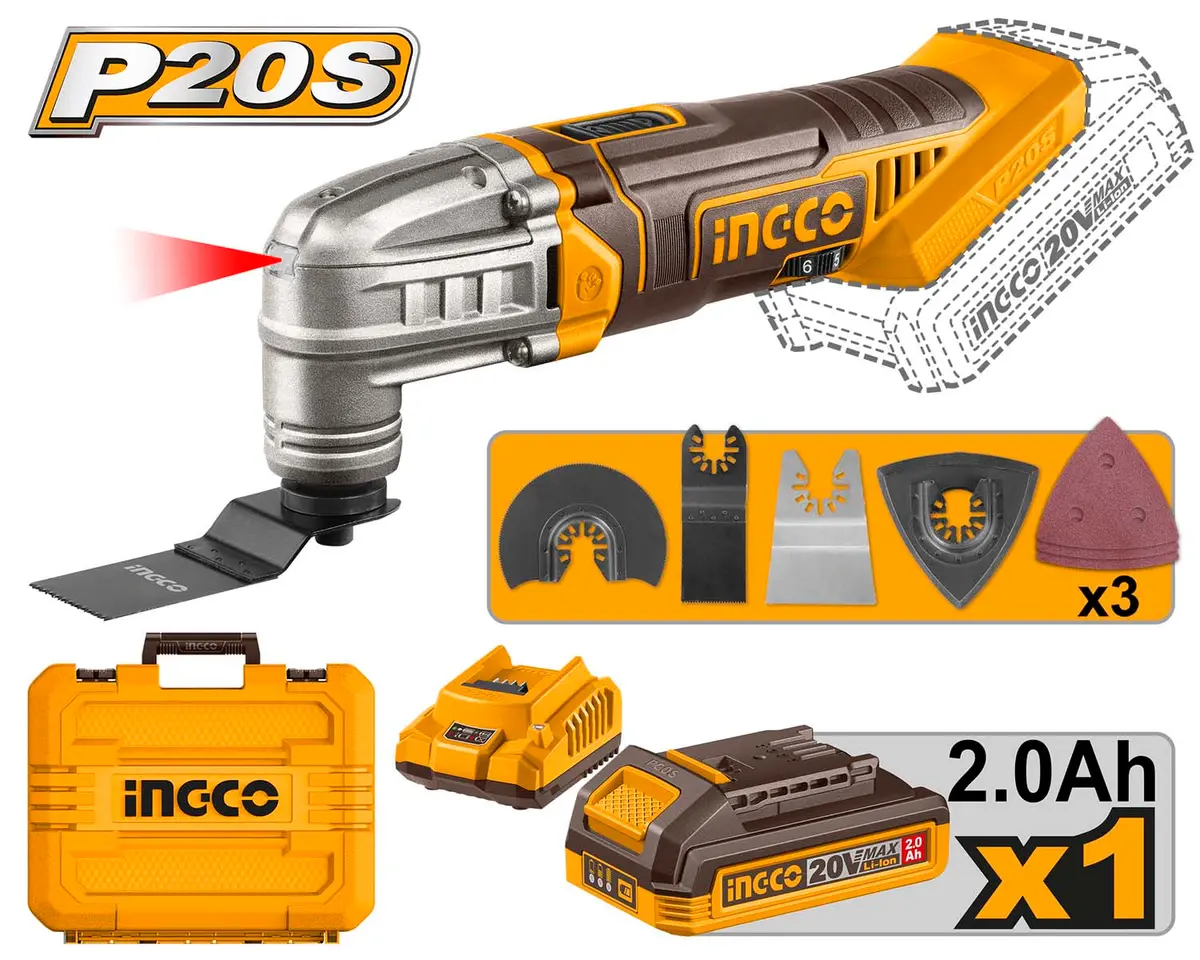 Ingco Cmli20228 Cordless Multi Tool, 6 Speed Adjustment, With Blades & Sanding Papers, With Battery & Charger 1