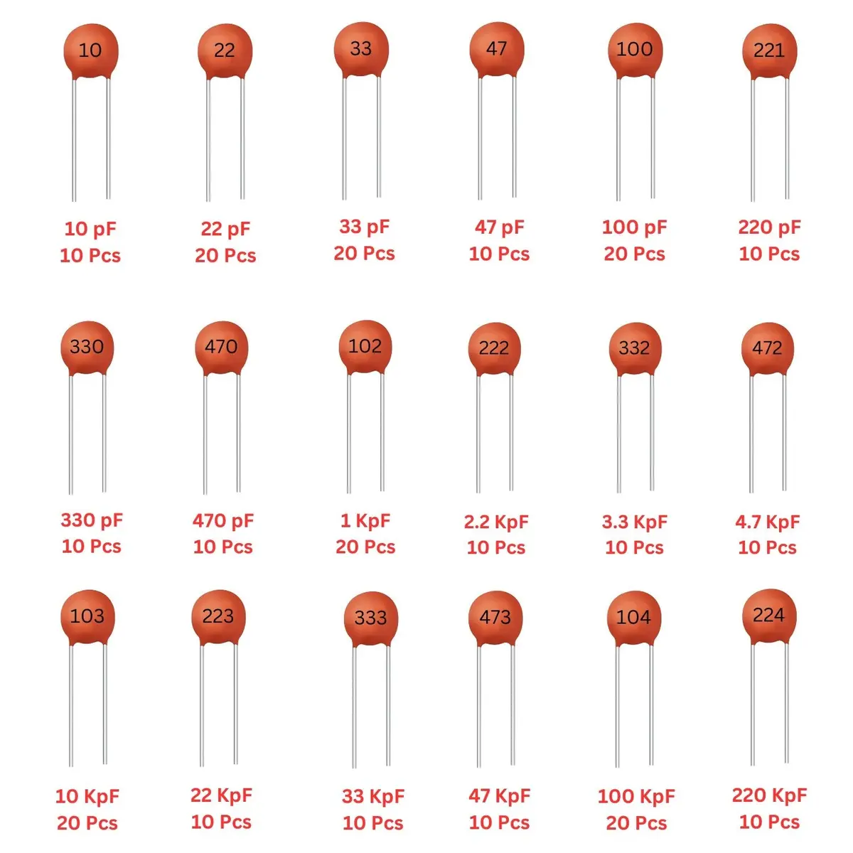 Elepak Ep7 Ceramic Disc Capacitor 50V Pak 10Pf To 0.22Μf 240 Pcs 18 Values 1