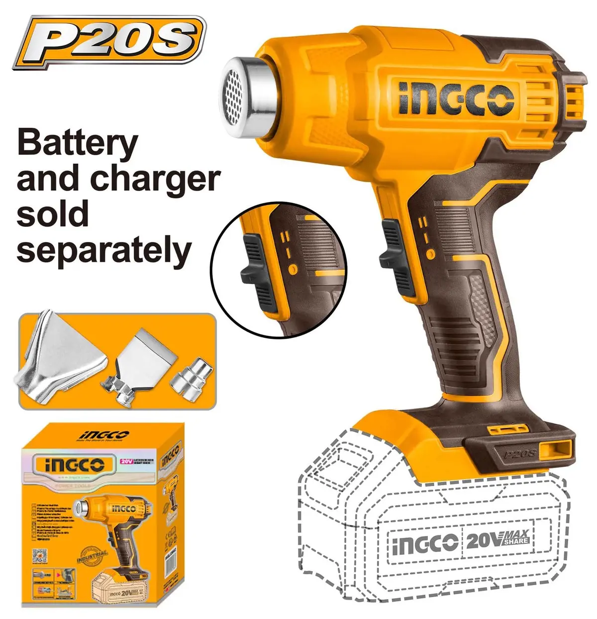 Ingco Hgli20025 20V Cordless Heat Gun With 3 Pcs Nozzles, 4.0Ah Battery & Charger 1