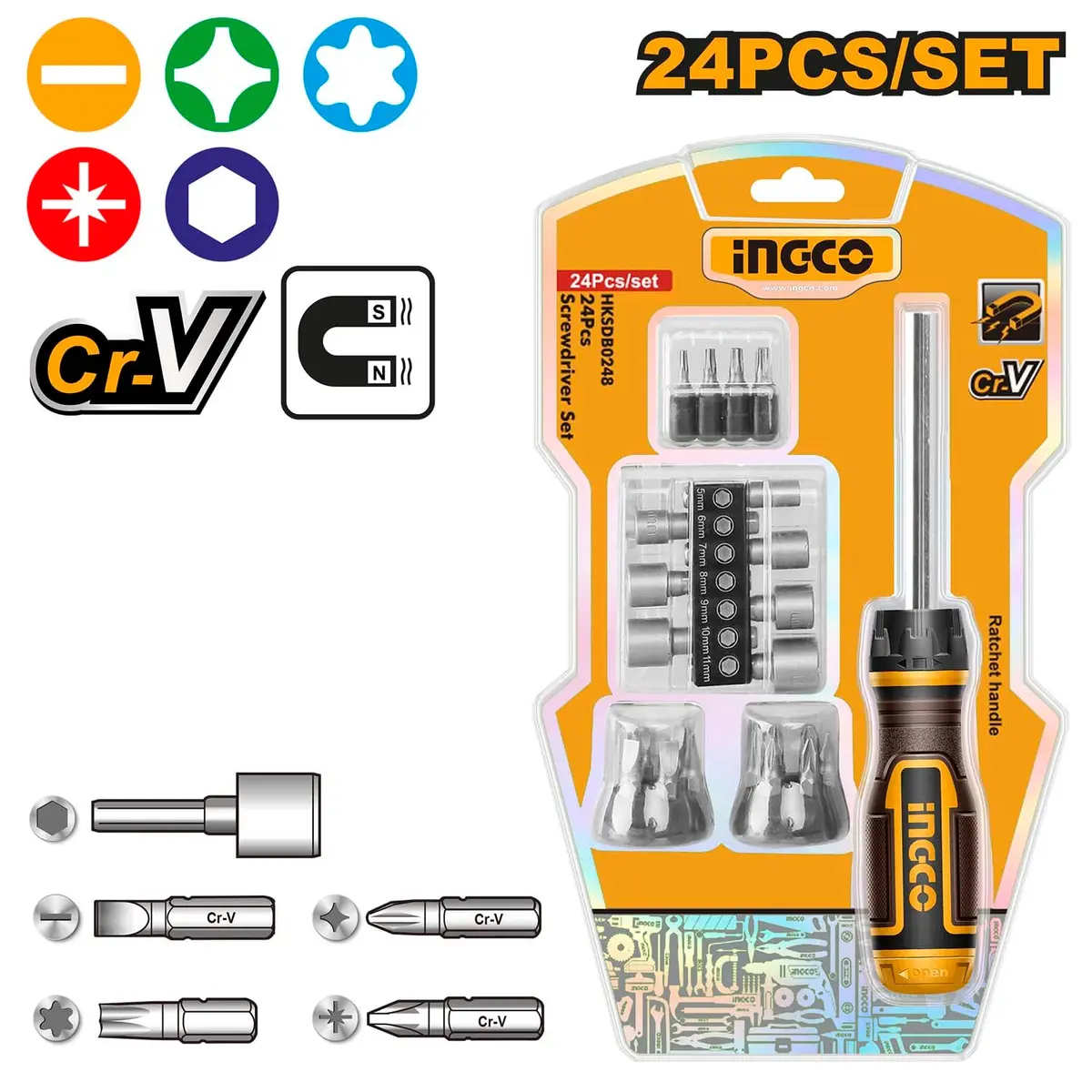 Ingco Hksdb0248 24 Pcs Screwdriver Set, Ratchet Handle, High Auality Cr.V Material, Heavy Duty, High Torque Resistance Screwdriver Set 1
