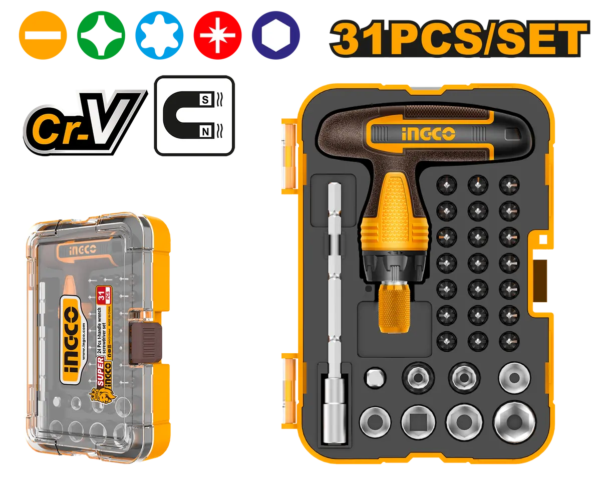 Ingco Hksdb0318 31 Pcs T-Handle Wrench Screwdriver And Bits Set 1