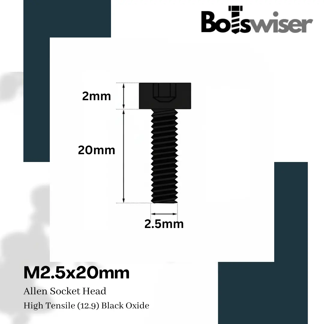 M2.5X20mm Hex (Allen) Socket Head High Tensile(12.9) Black Oxide Screw (Pack Of 10) 1
