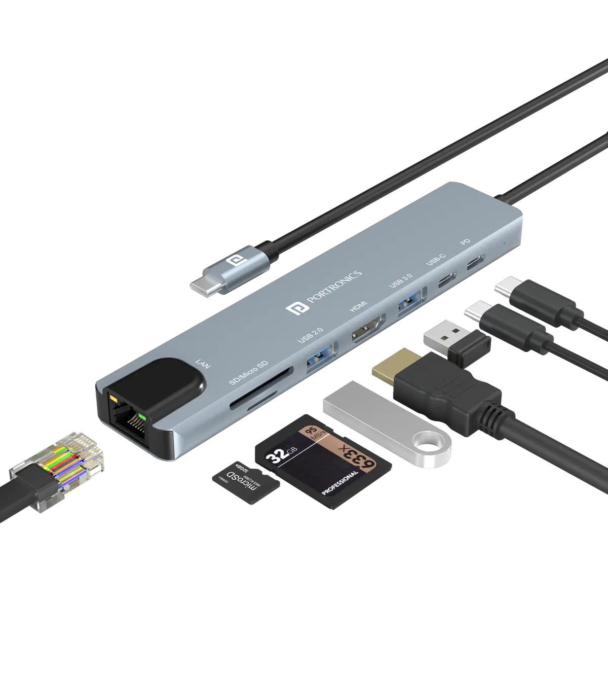 Portronics Por-2149 Mport 8 Usb-C Usb Hub / Docking Station(8-In-1) With 4K 30Hz Hdmi, 100 Mbps Ethernet, Usb 3.0, Microsd/Sd Card Reader, Type-C Data, Pd Charging, Usb 2.0, Type-C Plug 1