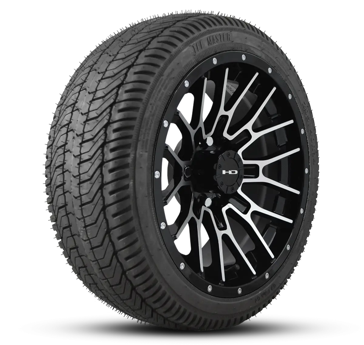 Hd Golf Wheel & Tire Package ( 1Pc ) 14X7.0 Rtc Gloss Black Machined Face + Rivets W ( 1Pc ) 205/40-14 All-Season Tire 1