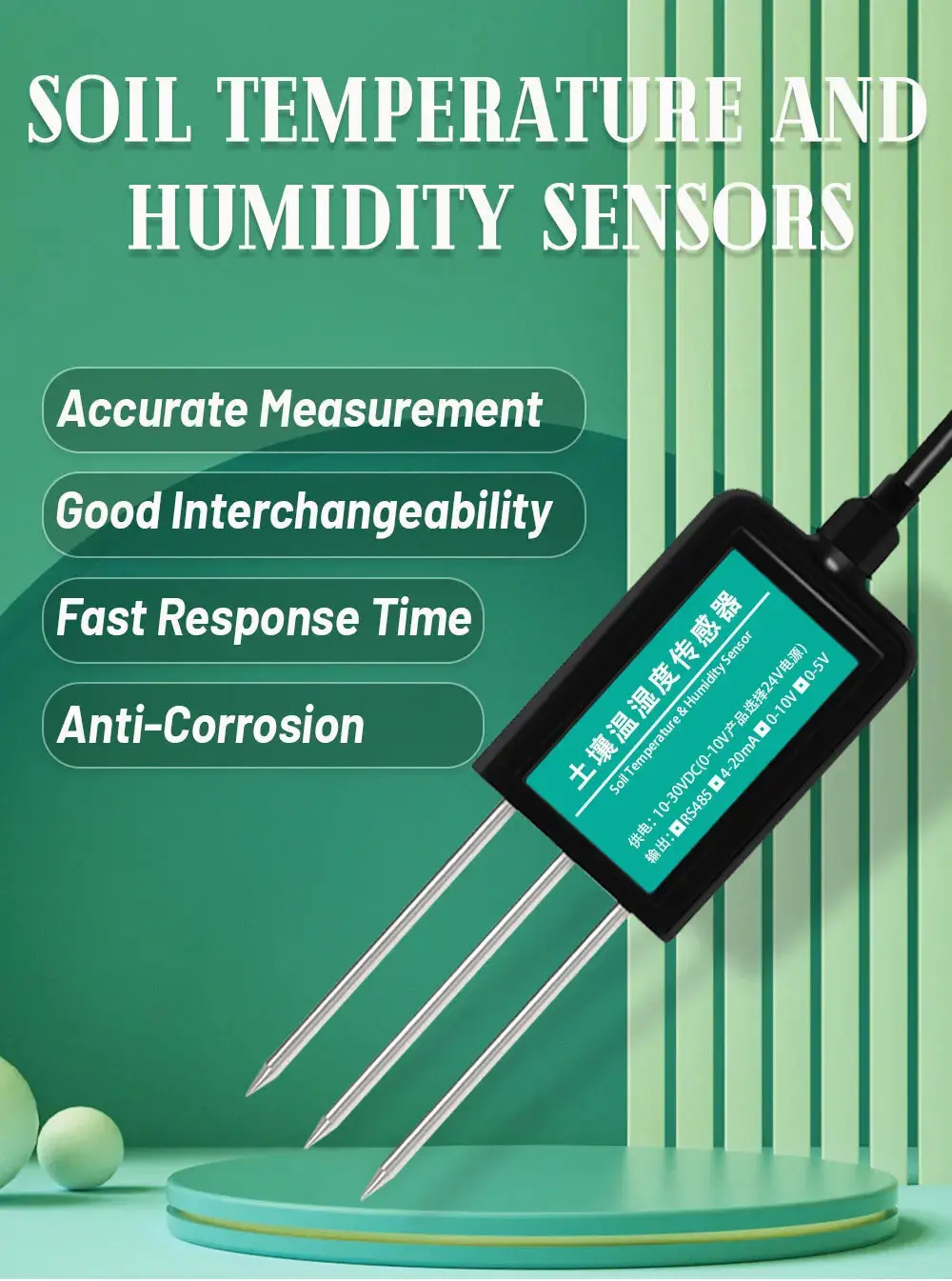 Soil Temperature Humidity Sensor Probe Analog Soil Moisture Detector Sensors Ip68 Protection Rs485 Output 0-5V 0-10V 4-20Ma 1
