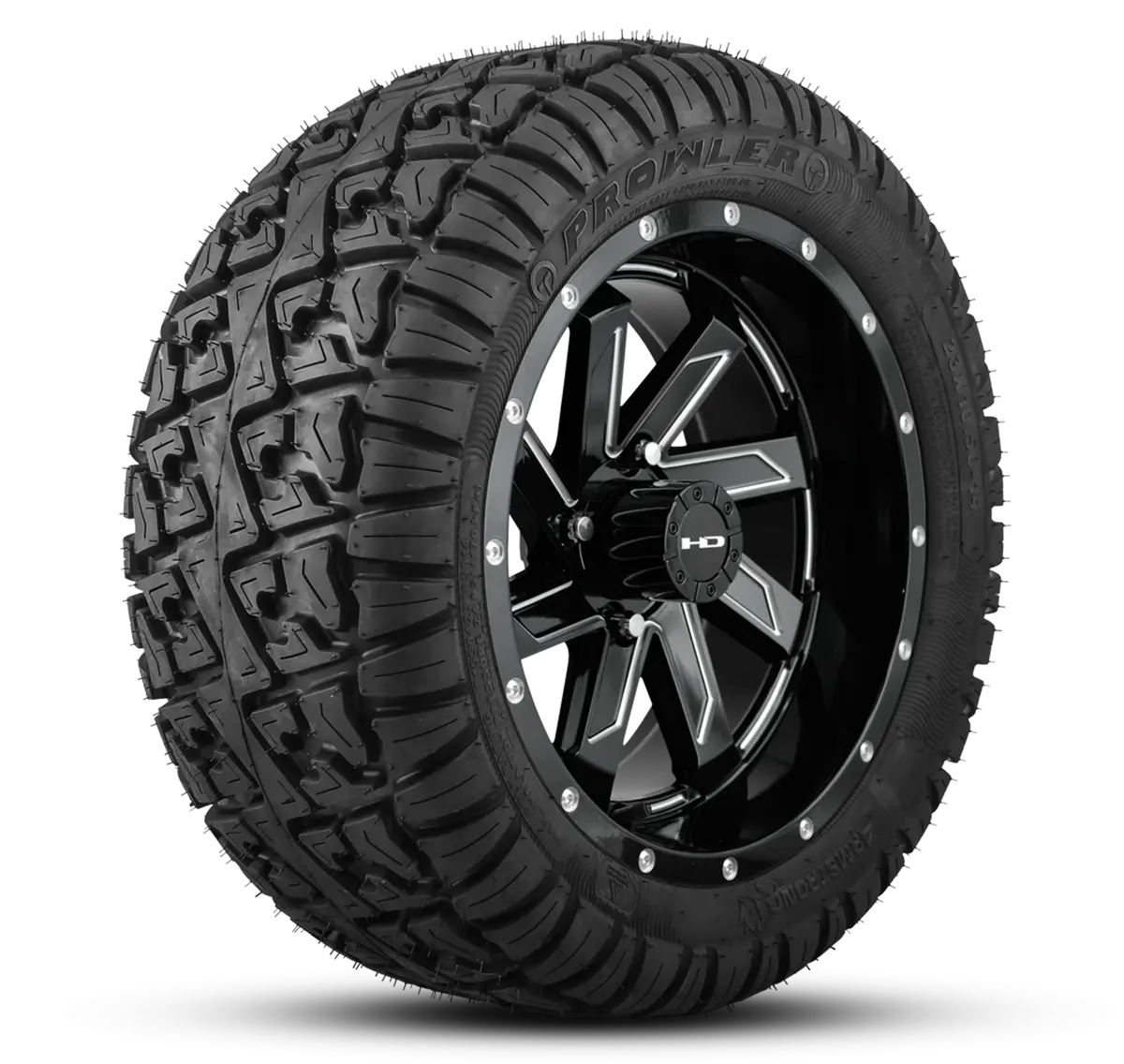 Hd Golf Wheel & Tire Package ( 1Pc ) 12X7.0 Saw Gloss Black Milled Edges W ( 1Pc ) 23 Inch A/T Tire 1