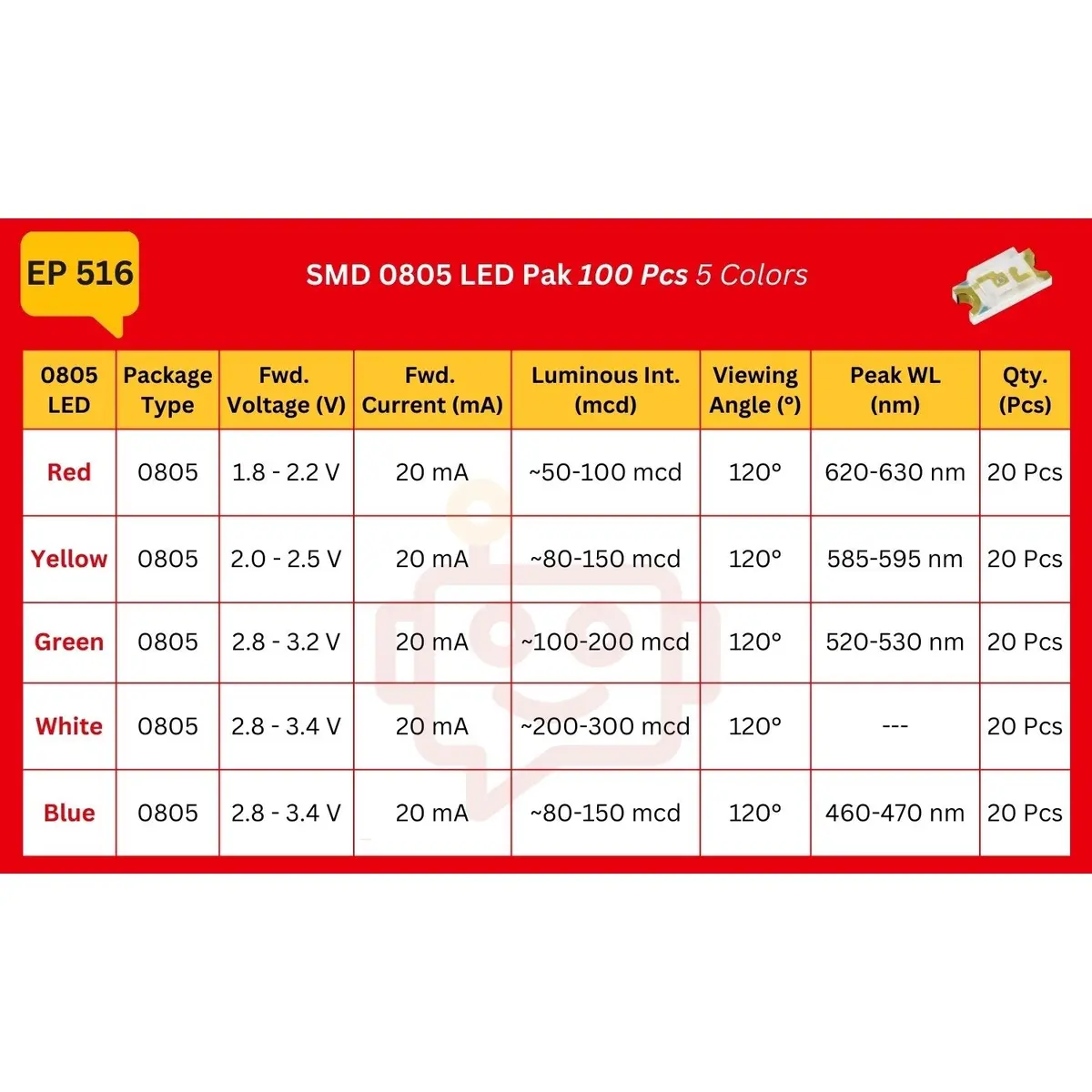 Elepak Smd 0805 Led Pak 100 Pcs 5 Colors 2