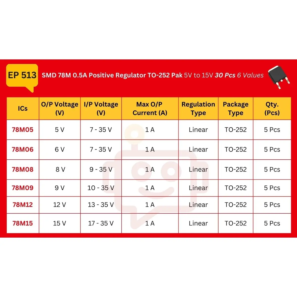Elepak Smd 78M 0.5A Positive Regulator To-252 Pak 5V To 15V 30 Pcs 6 Values 2