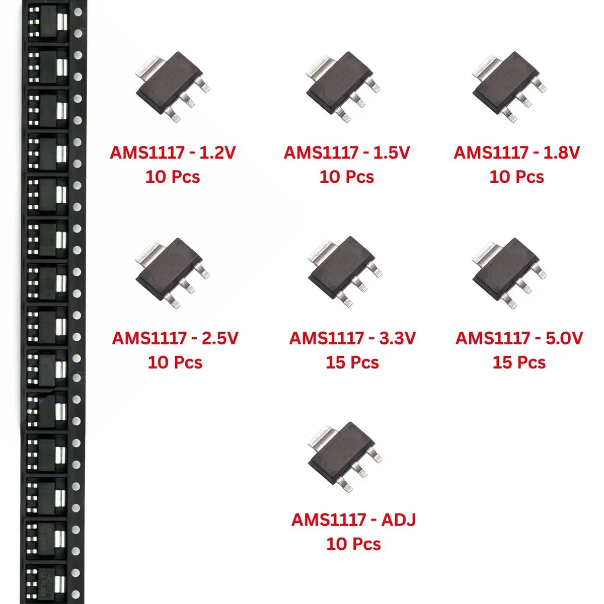 Elepak Smd Ams1117 Positive Regulator Sot-223 Pak 1.2V To Adj 80 Pcs 7 Values 1