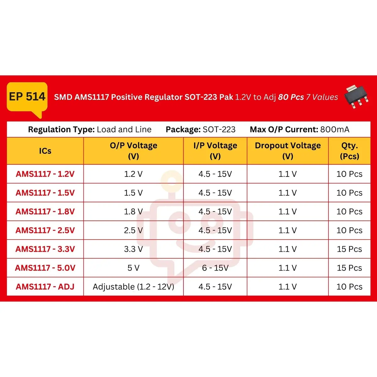 Elepak Smd Ams1117 Positive Regulator Sot-223 Pak 1.2V To Adj 80 Pcs 7 Values 2