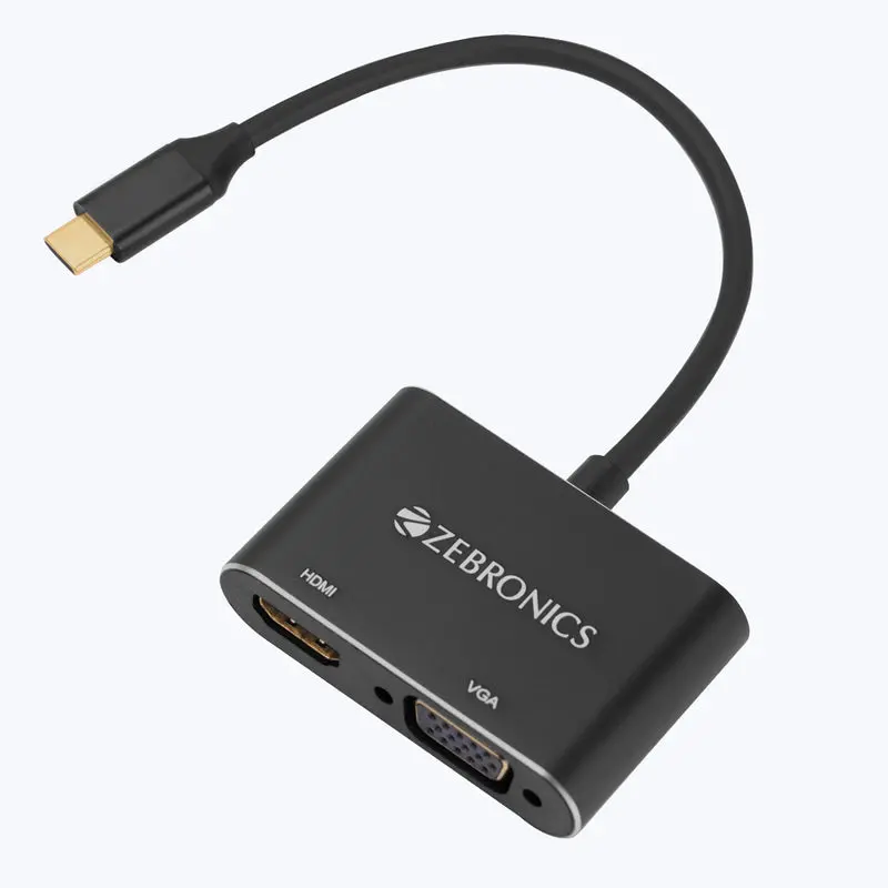 Zebronics Ta150hv Type C To Hdmi & Vga Converter With 24K Gold-Plated Connector, Supports - Fhd 1080P@60Hz (Vga), 4K@30Hz (Hdmi), Audio Out Through Hdmi, 1