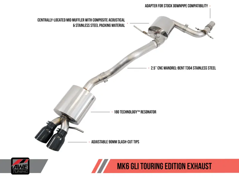 Awe Tuning Mk6 Gli 2.0T - Mk6 Jetta 1.8T Touring Edition Exhaust - Diamond Black Tips 1