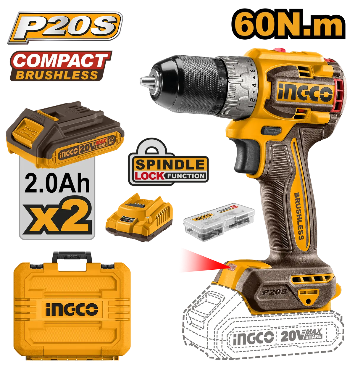 Ingco Cdli20602 Compact Brushless Cordless Drill 20V 60Nm Torque With 2 Battery, Charger And 47 Pcs Accessories 1