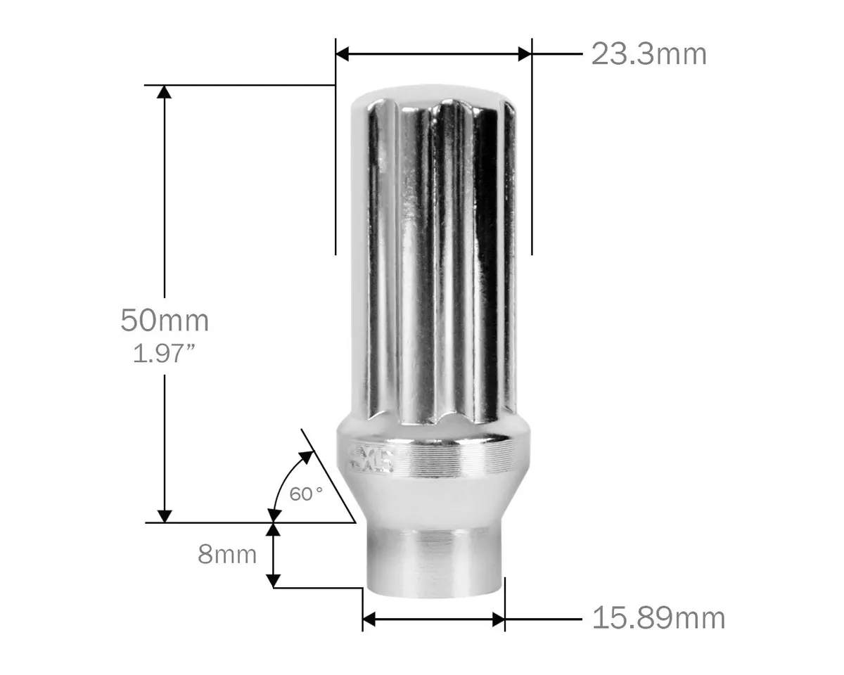Perfectly Tight 7 Spline Lug Nut Extended Thread Tapered Seat 14X1.5 X 50Mm - Chrome Steel - Set Of 24 W/ Key 1