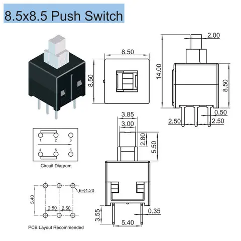 8.5×8.5Mm Non Locking Tactile Push Button Switch 6 Pin No Sound (Reset Type) 2