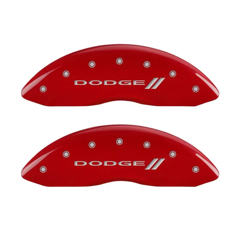 Mgp Engraved 4-Piston Caliper Covers – Front & Rear, Dodge Red Accent With Silver Stripes 1
