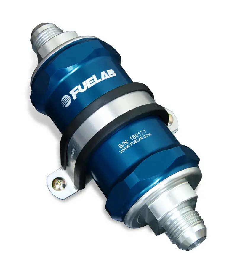 Fuelab 818 Inline Fuel Filter – -6An Fittings, 40-Micron Stainless Steel Element, Blue Housing 1
